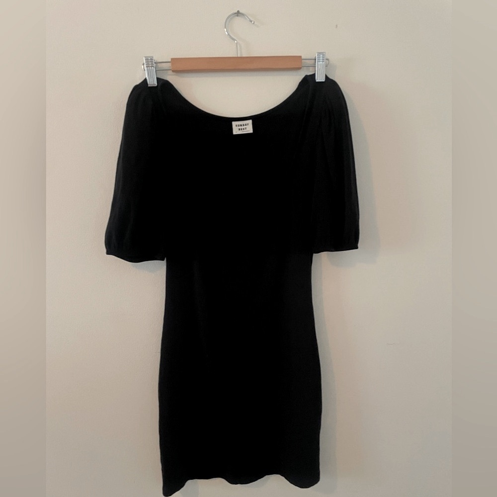 SUNDAY BEST ARITZIA BLACK Bodycon Mini Angel Dress with Puff Sleeves Medium - Picture 4 of 6